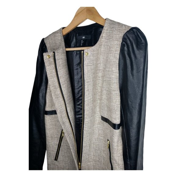 H&M Mixed Media Coat Size 12 Boucle Vegan Leather Topper - Picture 3 of 11